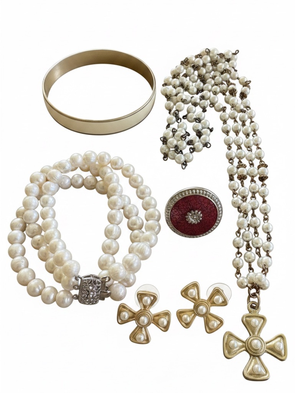 Pearlescent Cross Pendant Necklace in White and Gold, matching earrings.